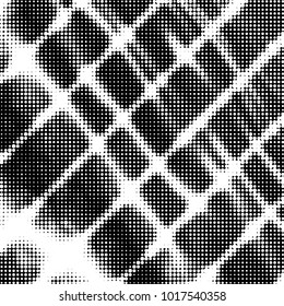 Abstract grunge grid polka dot halftone background pattern. Spotted black and white vector line illustration
