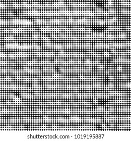 Abstract grunge grid polka dot halftone background pattern. Spotted black and white vector line illustration
