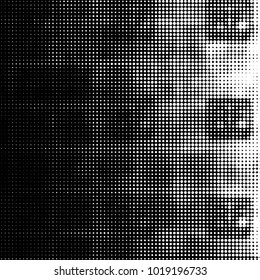 Abstract grunge grid polka dot halftone background pattern. Spotted black and white vector line illustration
