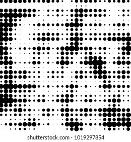 Abstract grunge grid polka dot halftone background pattern. Spotted black and white vector line illustration
