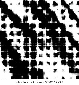 Abstract grunge grid polka dot halftone background pattern. Spotted black and white vector line illustration
