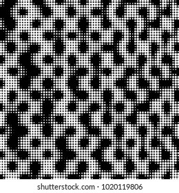 Abstract grunge grid polka dot halftone background pattern. Spotted black and white vector line illustration
