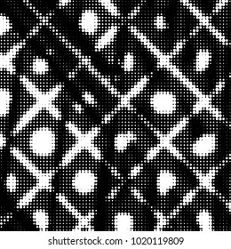 Abstract grunge grid polka dot halftone background pattern. Spotted black and white vector line illustration
