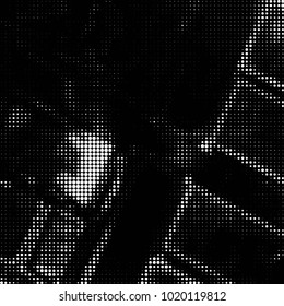 Abstract grunge grid polka dot halftone background pattern. Spotted black and white vector line illustration
