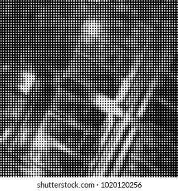 Abstract grunge grid polka dot halftone background pattern. Spotted black and white vector line illustration
