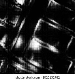 Abstract grunge grid polka dot halftone background pattern. Spotted black and white vector line illustration
