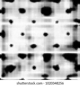 Abstract grunge grid polka dot halftone background pattern. Spotted black and white vector line illustration
