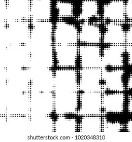 Abstract grunge grid polka dot halftone background pattern. Spotted black and white vector line illustration
