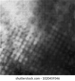 Abstract grunge grid polka dot halftone background pattern. Spotted black and white vector line illustration
