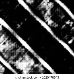 Abstract grunge grid polka dot halftone background pattern. Spotted black and white vector line illustration

