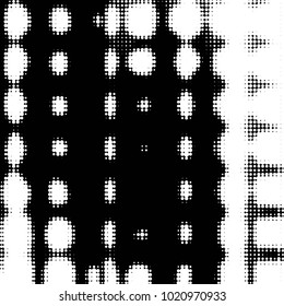 Abstract grunge grid polka dot halftone background pattern. Spotted black and white vector line illustration
