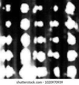 Abstract grunge grid polka dot halftone background pattern. Spotted black and white vector line illustration
