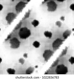 Abstract grunge grid polka dot halftone background pattern. Spotted black and white vector line illustration
