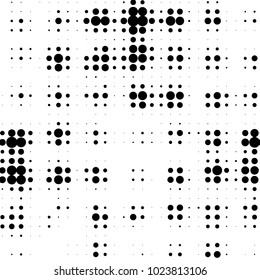 Abstract grunge grid polka dot halftone background pattern. Spotted black and white vector line illustration
