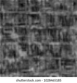 Abstract grunge grid polka dot halftone background pattern. Spotted black and white vector line illustration
