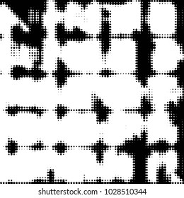 Abstract grunge grid polka dot halftone background pattern. Spotted black and white vector line illustration
