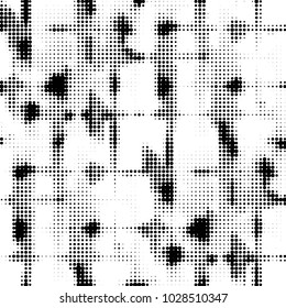 Abstract grunge grid polka dot halftone background pattern. Spotted black and white vector line illustration
