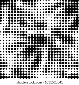 Abstract grunge grid polka dot halftone background pattern. Spotted black and white vector line illustration
