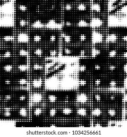 Abstract grunge grid polka dot halftone background pattern. Spotted black and white vector line illustration
