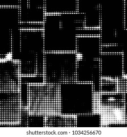 Abstract grunge grid polka dot halftone background pattern. Spotted black and white vector line illustration
