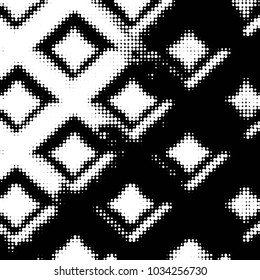 Abstract grunge grid polka dot halftone background pattern. Spotted black and white vector line illustration
