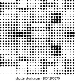 Abstract grunge grid polka dot halftone background pattern. Spotted black and white vector line illustration
