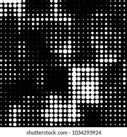 Abstract grunge grid polka dot halftone background pattern. Spotted black and white vector line illustration
