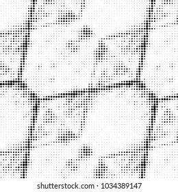 Abstract grunge grid polka dot halftone background pattern. Spotted black and white vector line illustration
