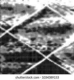 Abstract grunge grid polka dot halftone background pattern. Spotted black and white vector line illustration
