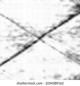 Abstract grunge grid polka dot halftone background pattern. Spotted black and white vector line illustration
