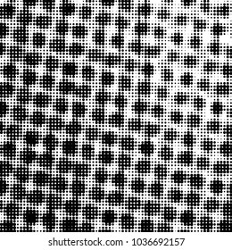Abstract grunge grid polka dot halftone background pattern. Spotted black and white vector line illustration
