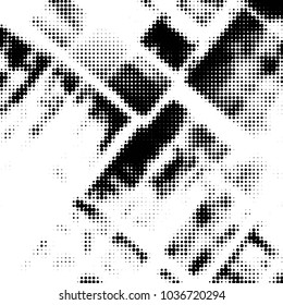 Abstract grunge grid polka dot halftone background pattern. Spotted black and white vector line illustration
