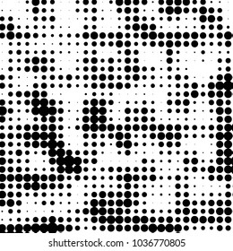 Abstract grunge grid polka dot halftone background pattern. Spotted black and white vector line illustration
