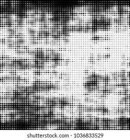Abstract grunge grid polka dot halftone background pattern. Spotted black and white vector line illustration
