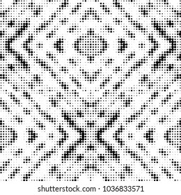 Abstract grunge grid polka dot halftone background pattern. Spotted black and white vector line illustration
