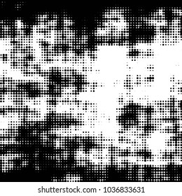 Abstract grunge grid polka dot halftone background pattern. Spotted black and white vector line illustration
