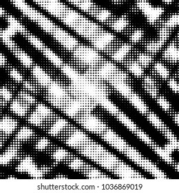Abstract grunge grid polka dot halftone background pattern. Spotted black and white vector line illustration
