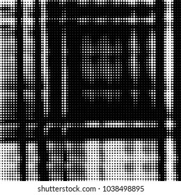 Abstract grunge grid polka dot halftone background pattern. Spotted black and white vector line illustration

