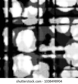 Abstract grunge grid polka dot halftone background pattern. Spotted black and white vector line illustration
