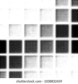 Abstract grunge grid polka dot halftone background pattern. Spotted black and white vector line illustration
