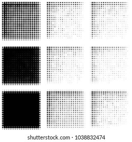 Abstract grunge grid polka dot halftone background pattern. Spotted black and white vector line illustration

