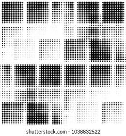 Abstract grunge grid polka dot halftone background pattern. Spotted black and white vector line illustration
