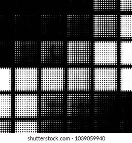 Abstract grunge grid polka dot halftone background pattern. Spotted black and white vector line illustration

