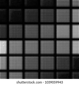 Abstract grunge grid polka dot halftone background pattern. Spotted black and white vector line illustration
