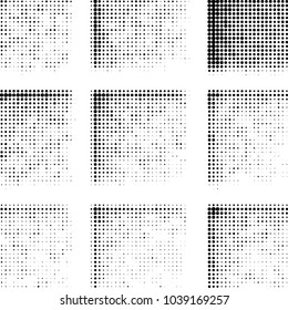Abstract grunge grid polka dot halftone background pattern. Spotted black and white vector line illustration

