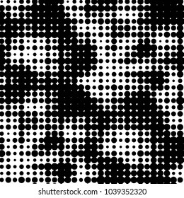 Abstract grunge grid polka dot halftone background pattern. Spotted black and white vector line illustration
