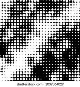 Abstract grunge grid polka dot halftone background pattern. Spotted black and white vector line illustration
