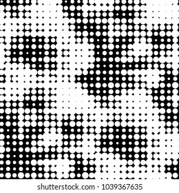 Abstract grunge grid polka dot halftone background pattern. Spotted black and white vector line illustration
