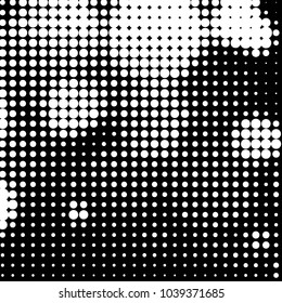 Abstract grunge grid polka dot halftone background pattern. Spotted black and white vector line illustration
