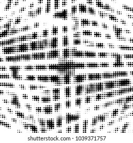 Abstract grunge grid polka dot halftone background pattern. Spotted black and white vector line illustration
